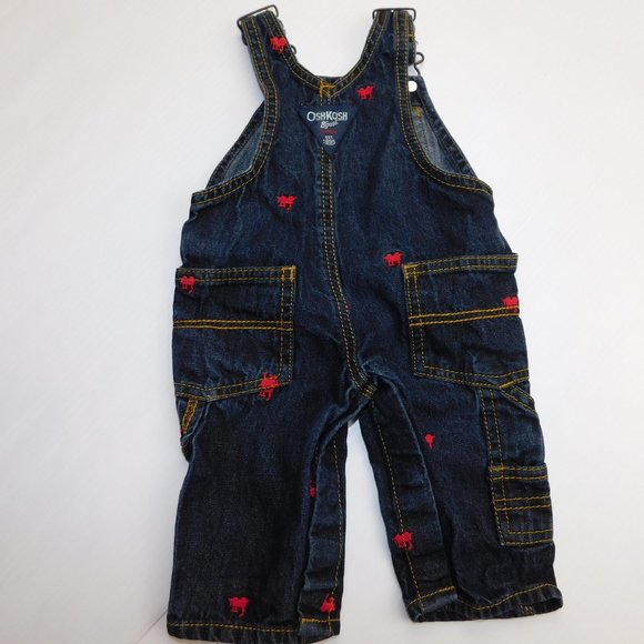 Oshkosh B'gosh Baby 3 Months Dark Denim Jean Red train Overalls - Picture 6 of 7